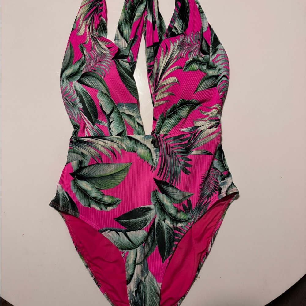 Tropical Pink Leaf Halter One-Piece Swimsuit